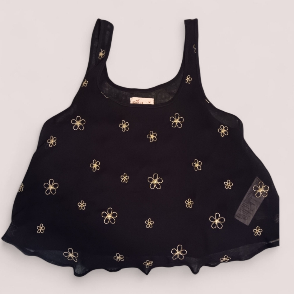 Hollister Women's Medium Sheer Daisy Navy Blue Tank Top Y2K